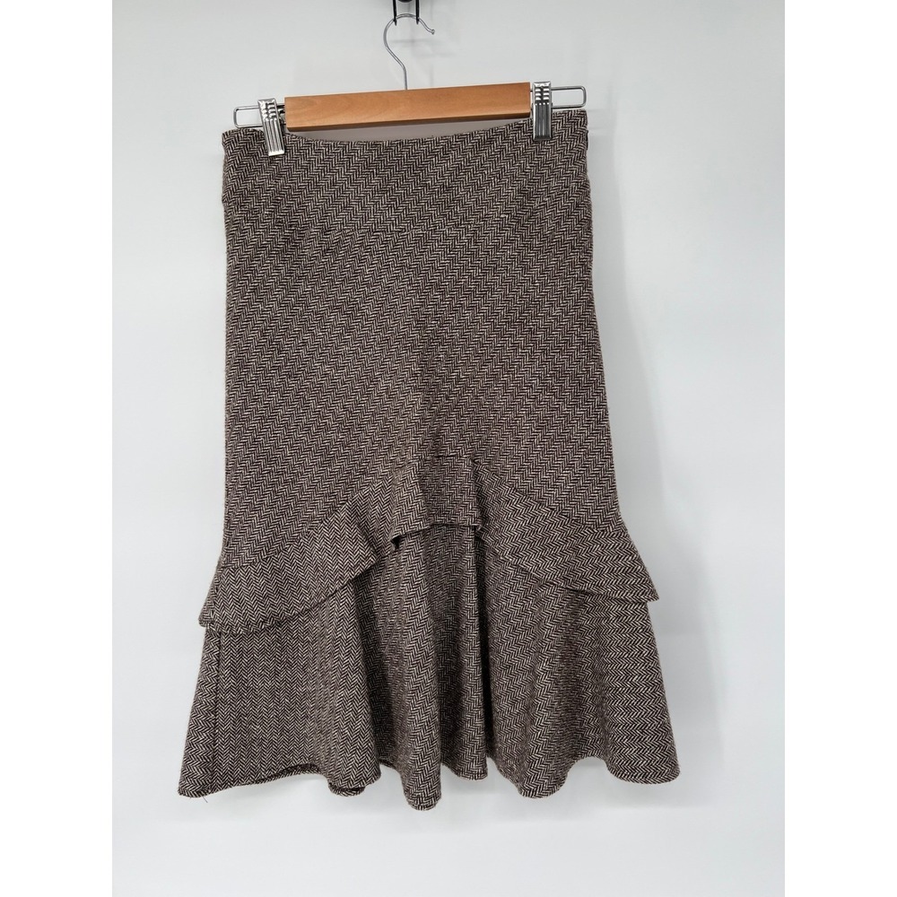GAP Herringbone Ruffle Hem Skirt Brown Tan Career‎ Casual Flared Size 0